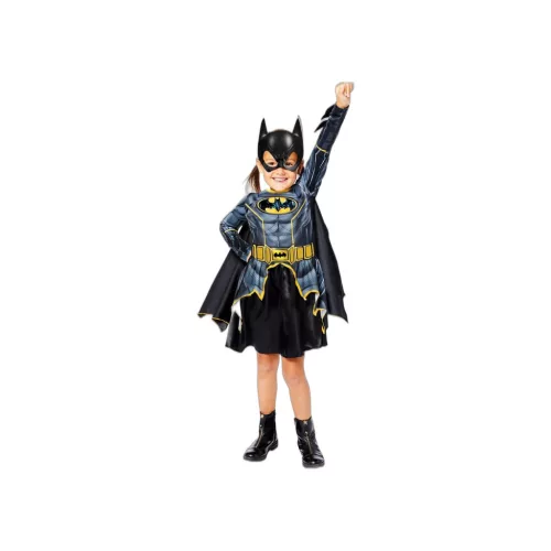 Batgirl jelmez lányoknak – 8–10 éveseknek | Fekete-sárga ruha köpennyel és maszkkal | Hivatalos DC licenc