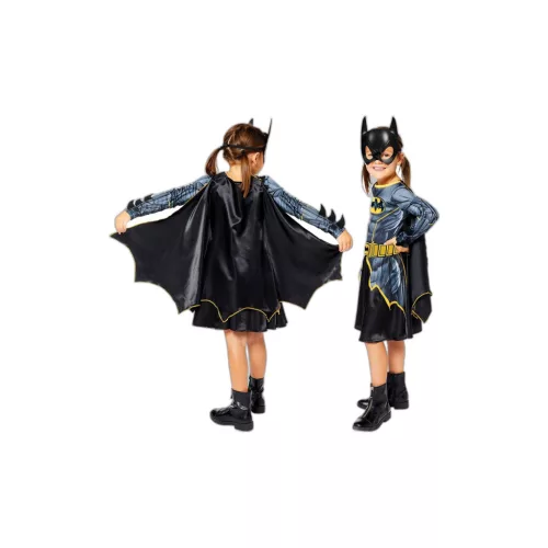 Batgirl jelmez lányoknak – 8–10 éveseknek | Fekete-sárga ruha köpennyel és maszkkal | Hivatalos DC licenc