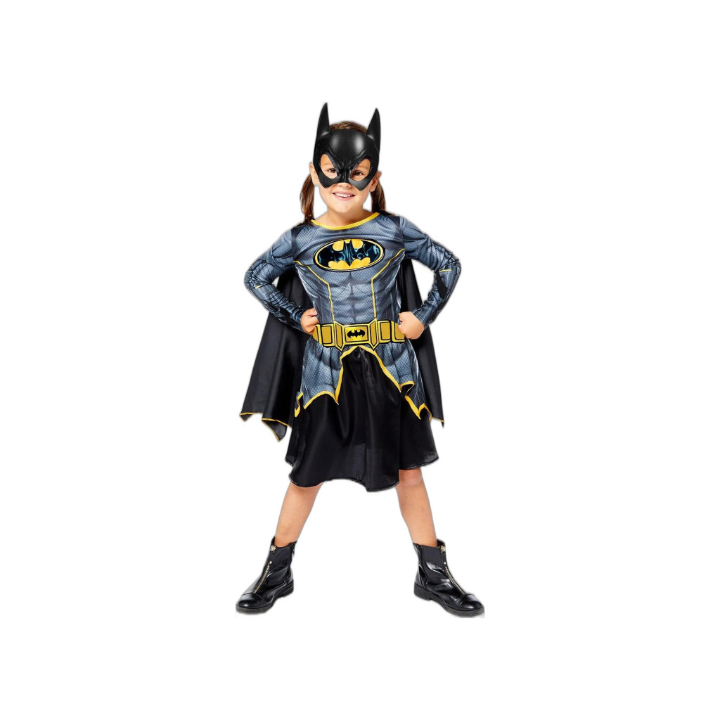 Batgirl jelmez lányoknak – 8–10 éveseknek | Fekete-sárga ruha köpennyel és maszkkal | Hivatalos DC licenc